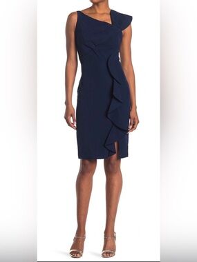 Marina Navy Asymmetrical Sheath Ruffle Dress Size 6 NWT